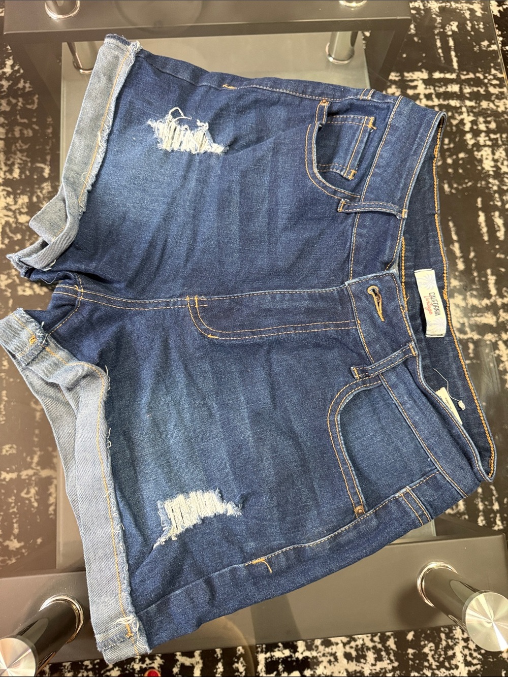 Casual Dark Blue Distressed Denim Shorts - Womens
